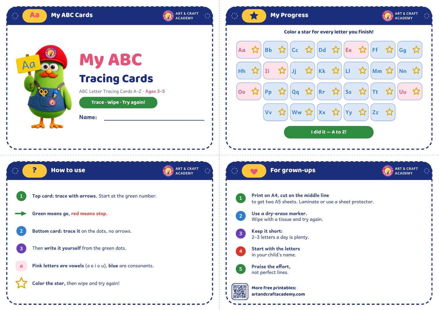 ABC Letter Tracing Cards A–Z: Free Printable Wipe-Clean Cards for Ages 3–5