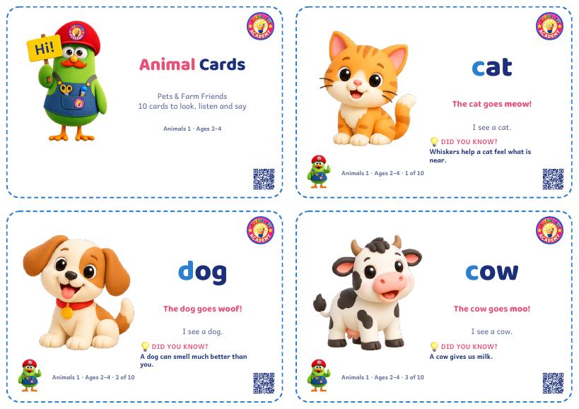 Animal Flashcards and Word Cards: Pets and Farm, Ages 2–4 (Free Printable PDF)