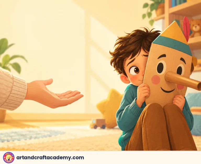 A child hiding behind a cardboard mask with a long nose while a parent gently offers an open hand