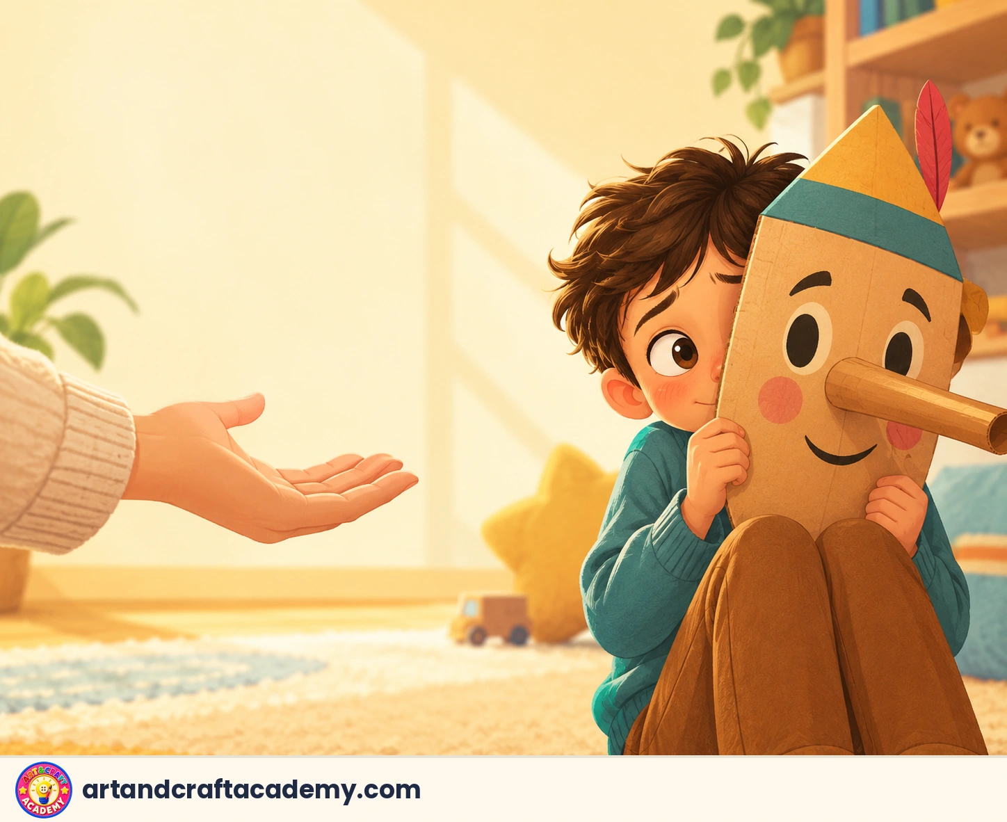 A child hiding behind a cardboard mask with a long nose while a parent gently offers an open hand