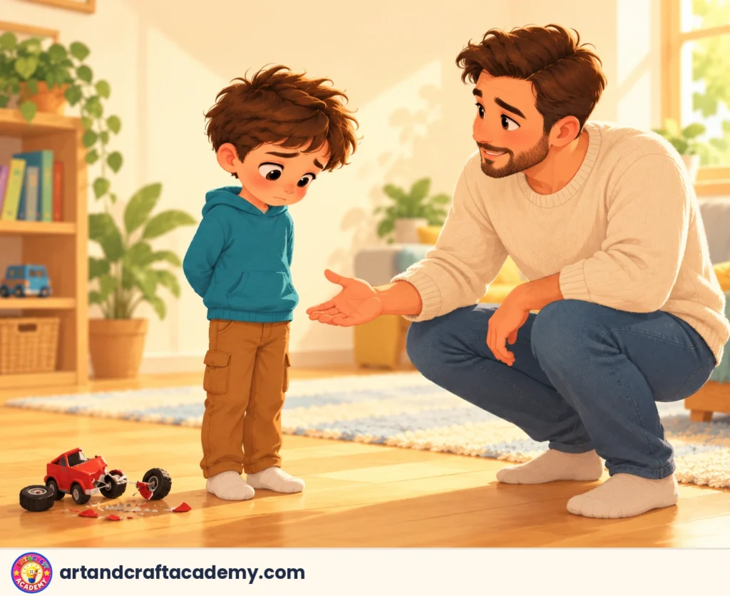 طفل في السابعة واقف بجوار لعبة مكسورة ويداه خلف ظهره وأبوه يمد يده بهدوء