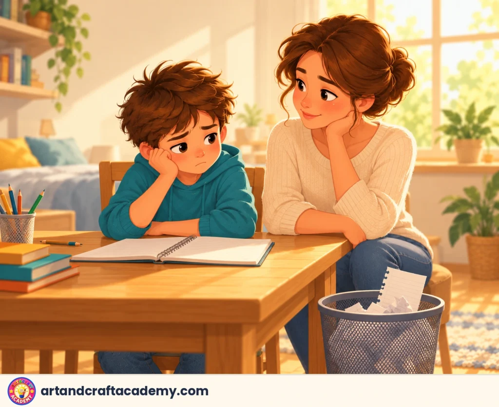 طفل في العاشرة على مكتب الواجب وأمه تجلس بجواره وتستمع له بهدوء