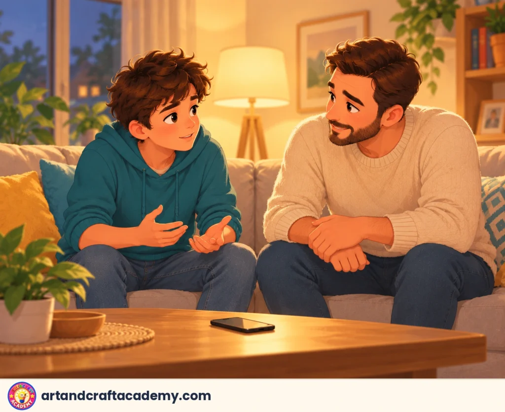 مراهق يتحدث مع أبيه على الأريكة وهاتف على الطاولة بينهما