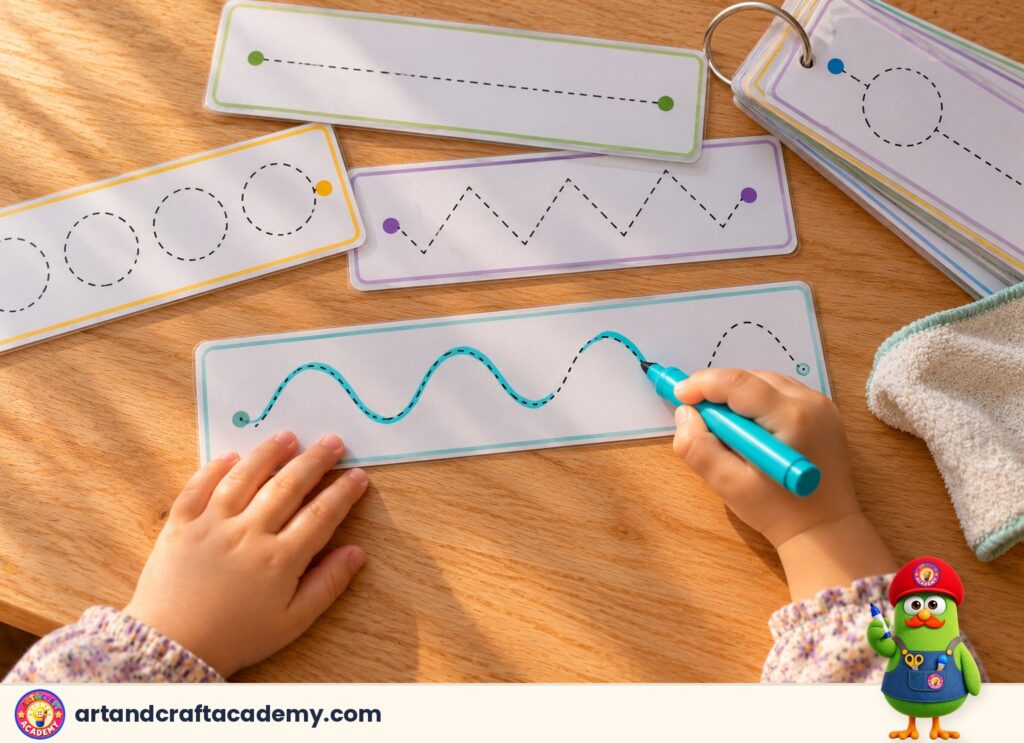 A child tracing lines on laminated tracing strips with a dry-erase marker