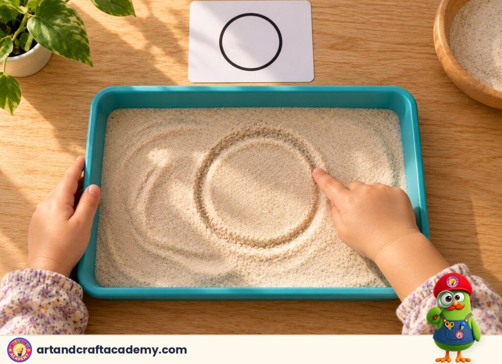 A child drawing a circle with a finger in a sand tray, copying a model card
