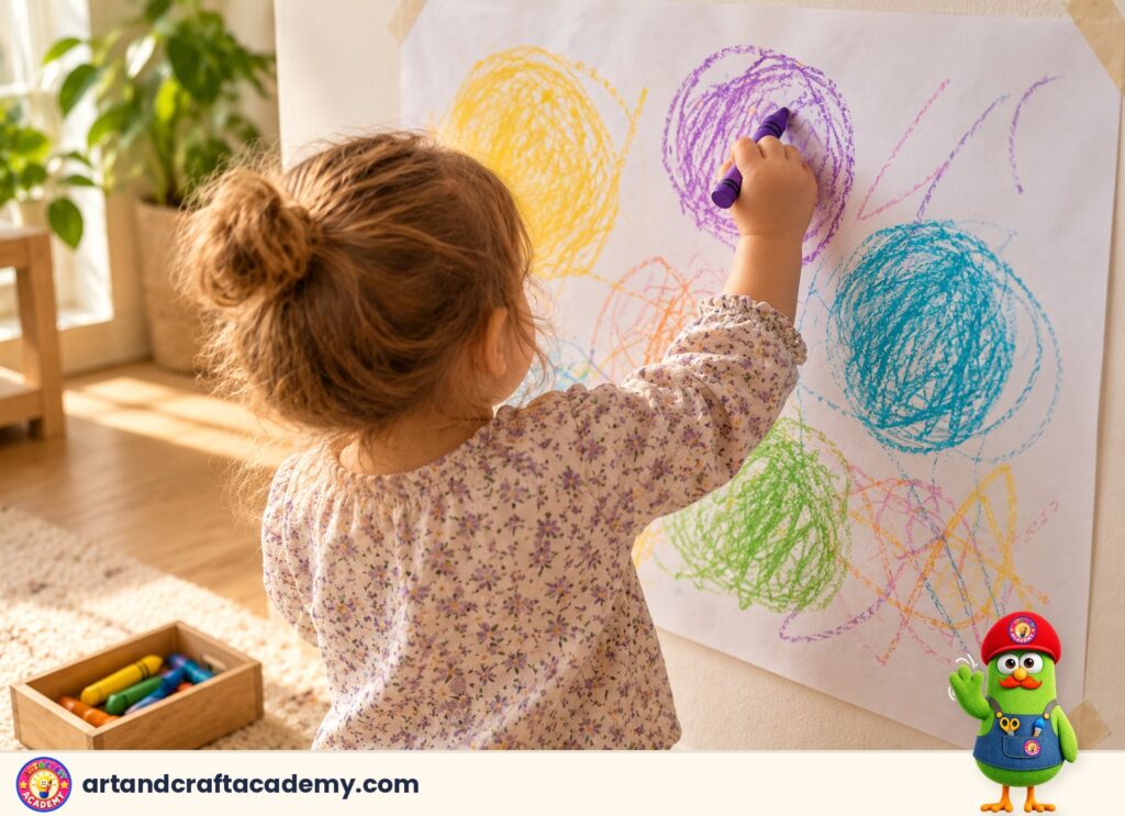 A toddler drawing standing up with a crayon on a large sheet of paper taped to the wall