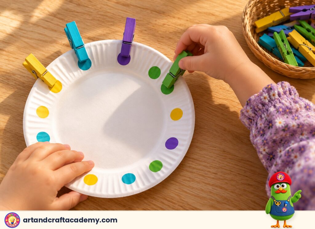 A child clipping coloured clothespins onto matching dots on a paper plate