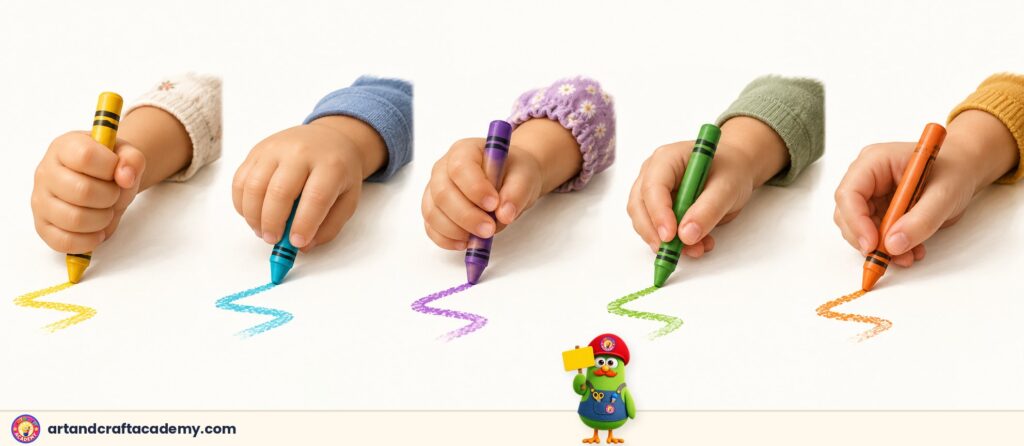 Five stages of pencil grasp development, from fist grip to mature tripod grip