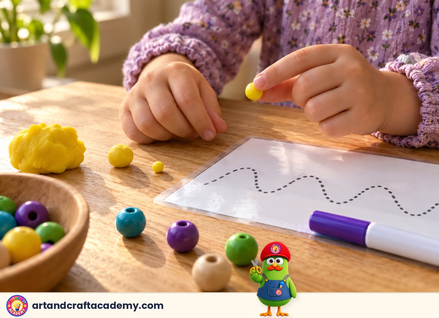 A child’s hands rolling a small play dough ball beside a laminated tracing sheet and coloured beads